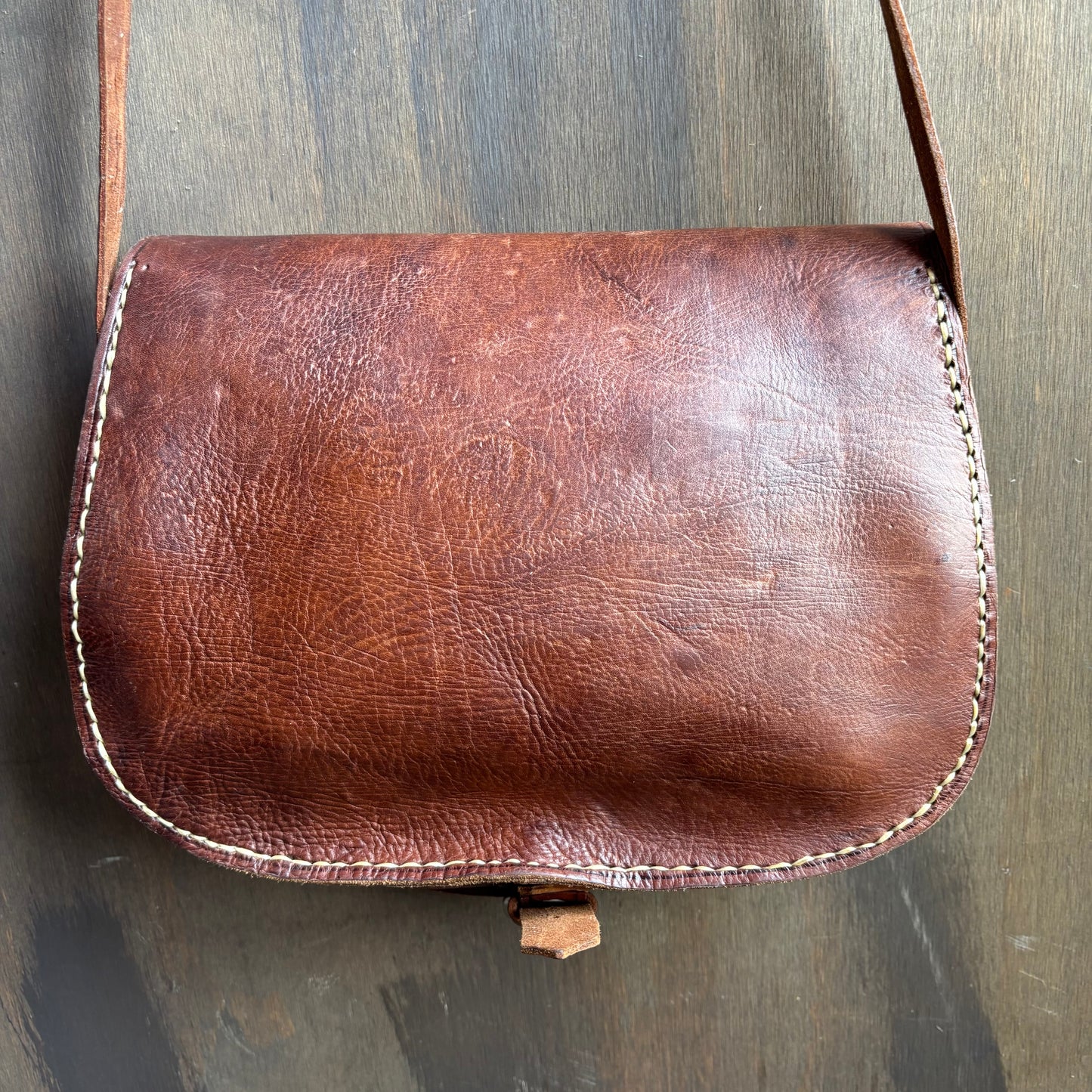 Brown Leather Bag with Faux Stone