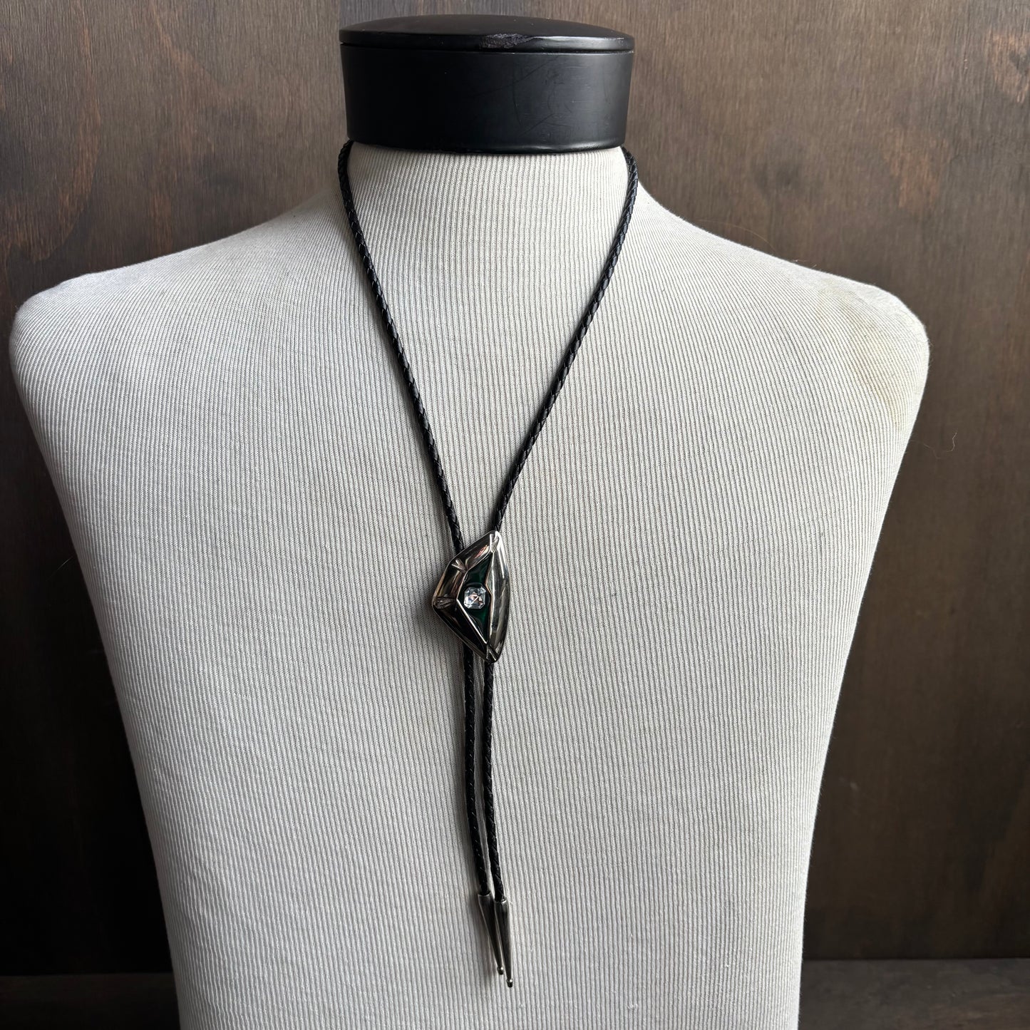 Abstract Green and Silver Bolo on Black Leather Tie