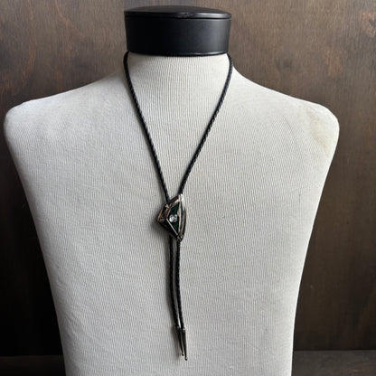 Abstract Green and Silver Bolo on Black Leather Tie