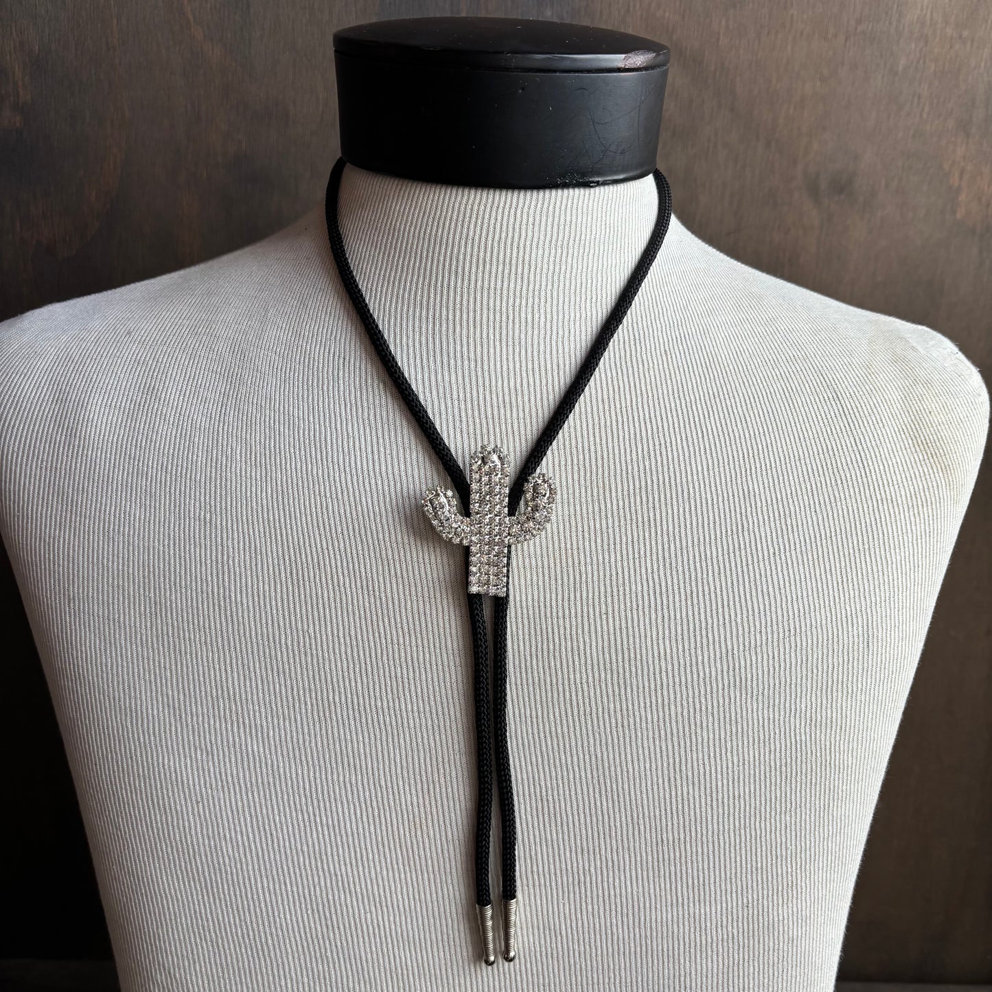 Rhinestone Cactus Bolo on Black Tie