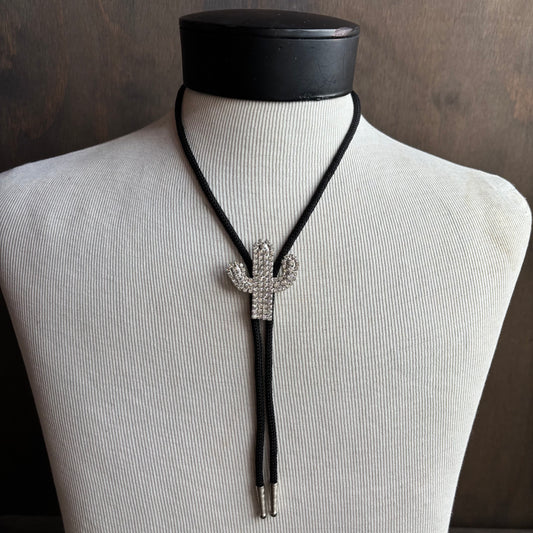Rhinestone Cactus Bolo on Black Tie