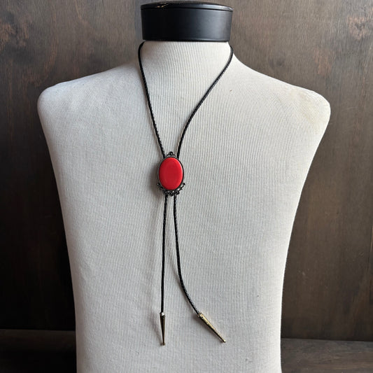 Red Oval Stone Bolo on Black Tie