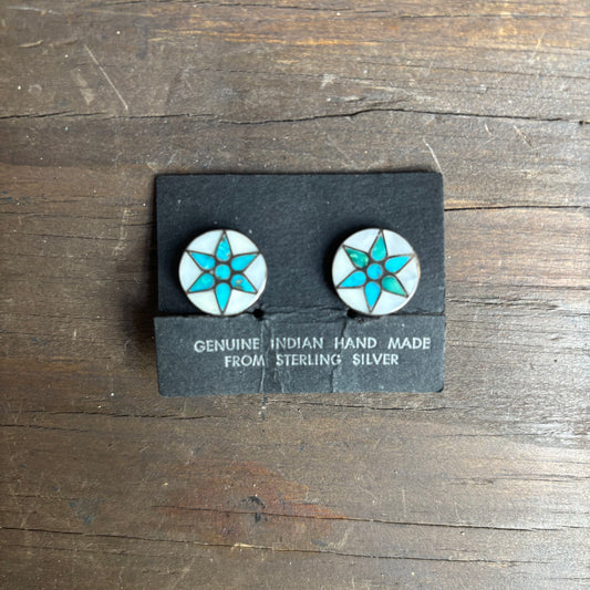 Sterling Turquoise and Shell Starburst Cip Earrings