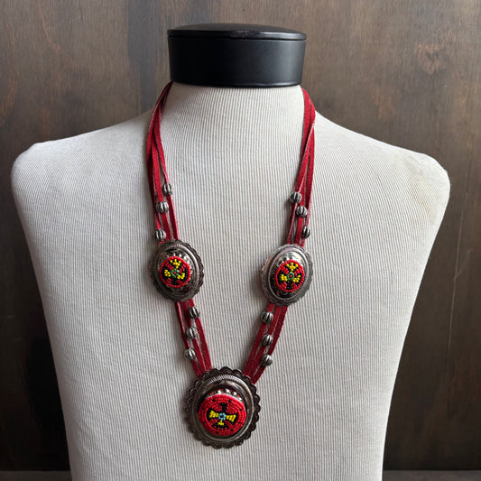 Red Leather Beaded Concho Necklace