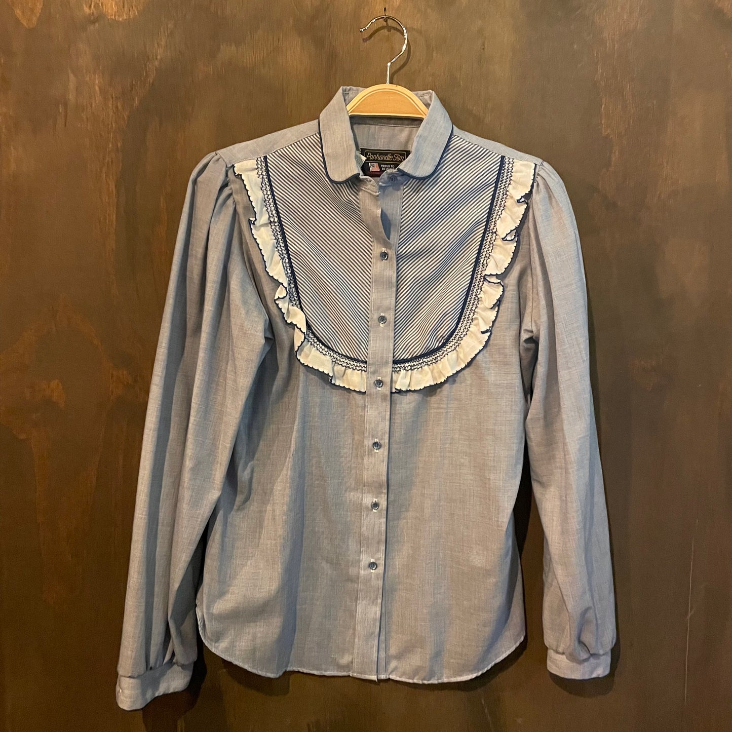 Vintage Panhandle slim ruffle blue button down