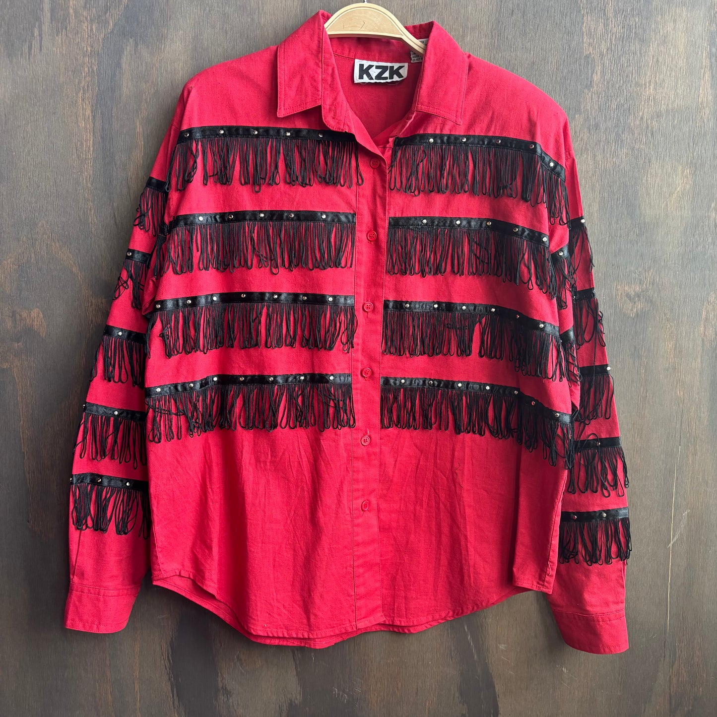 Red Button Up with Black Fringe