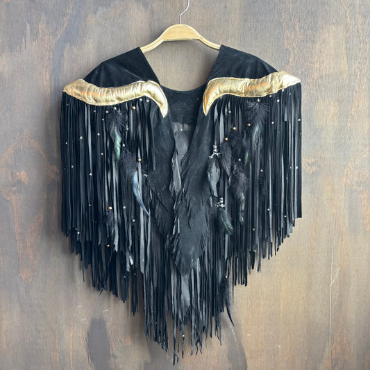 Handmade Black Leather Shawl with Gold Longhorn