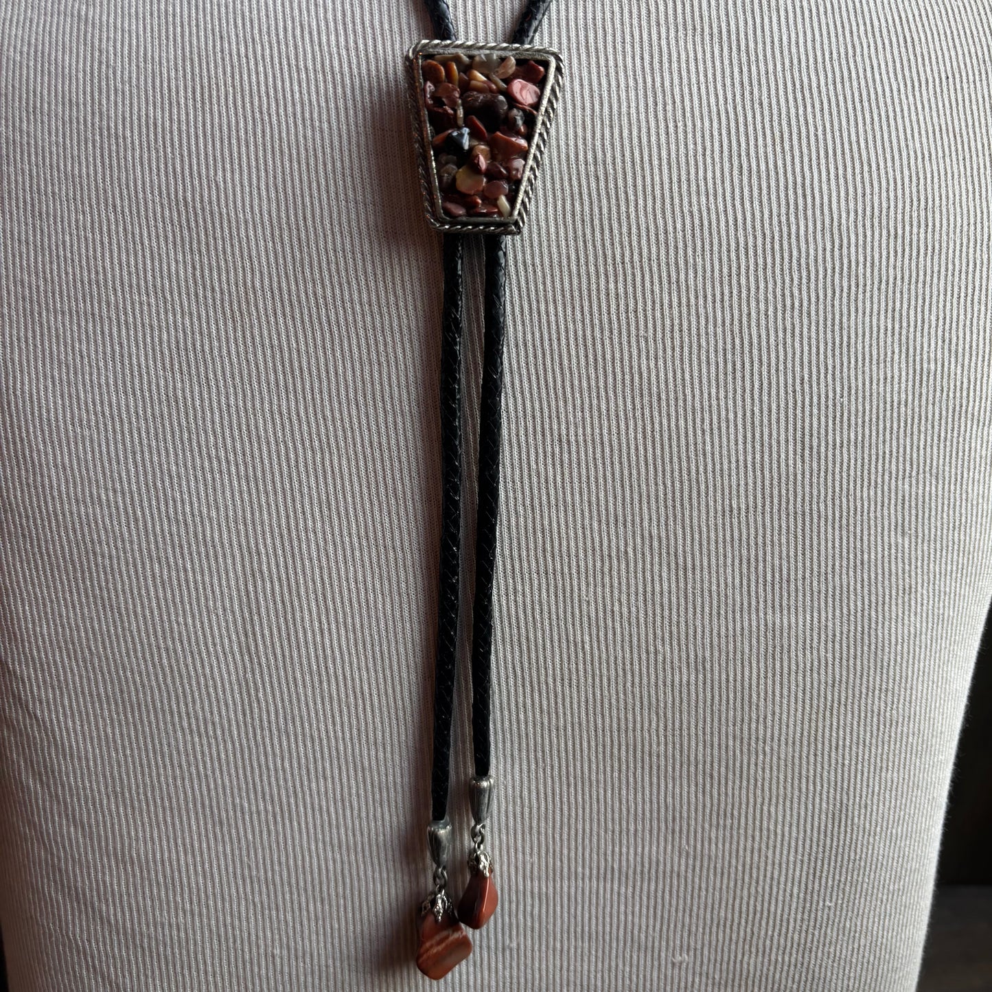 Multi Stone Bolo on Black Leather Tie