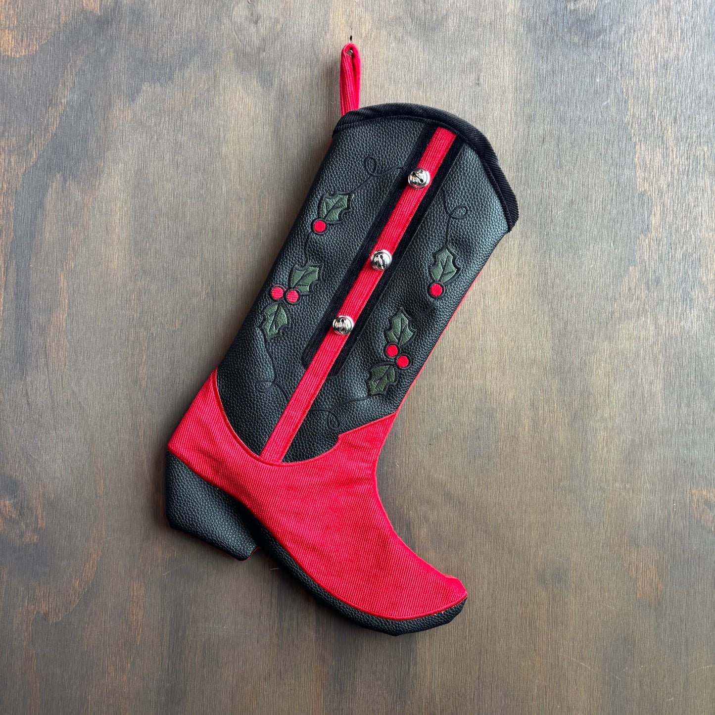 Red and Black Cowboy Boot Stocking with Bells