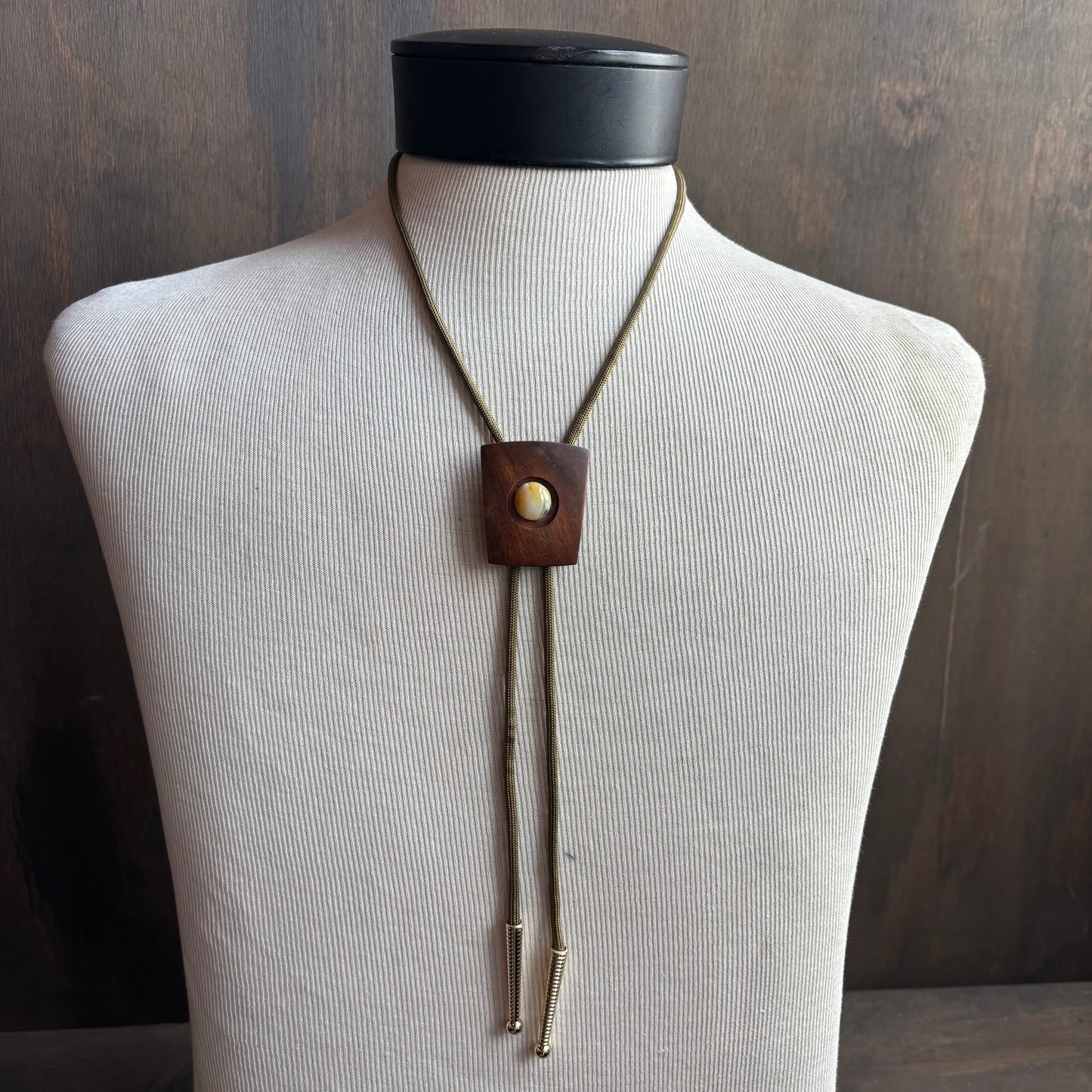 Wood Bolo with Glass Bead on Beige Tie