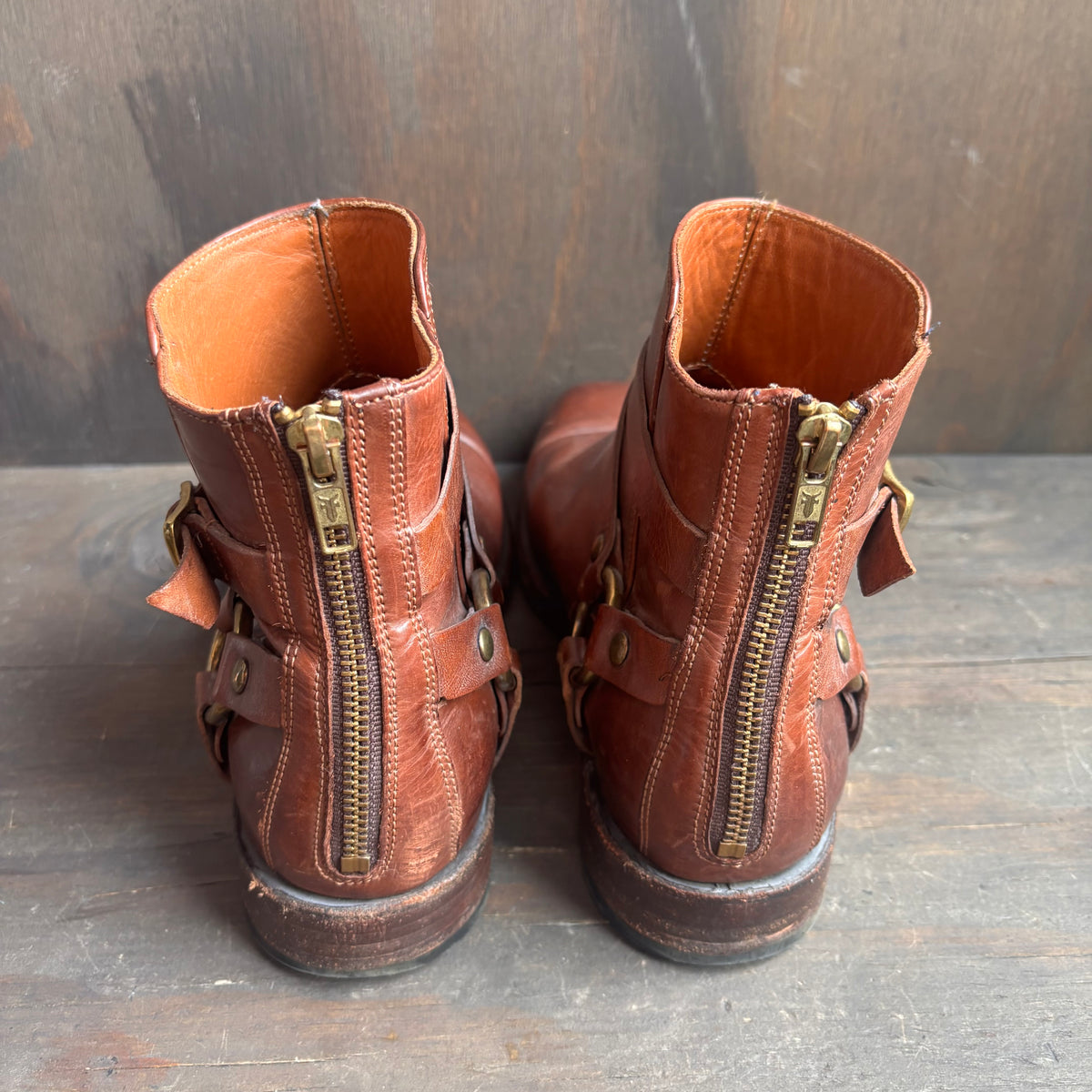 Frye Tan Leather Harness Ankle Boot