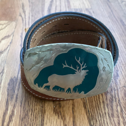 Hand Engraved Silver Elk Belt Buckle & Tooled Leather Belt