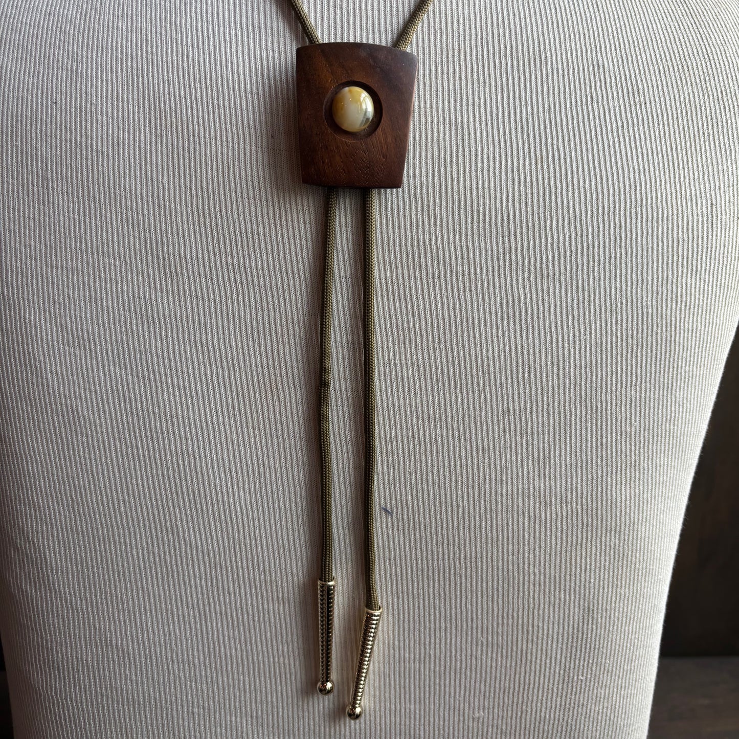 Wood Bolo with Glass Bead on Beige Tie