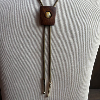 Wood Bolo with Glass Bead on Beige Tie