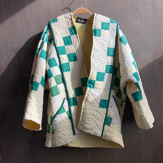 Vintage Quilt Coat with Green Squares and Trim