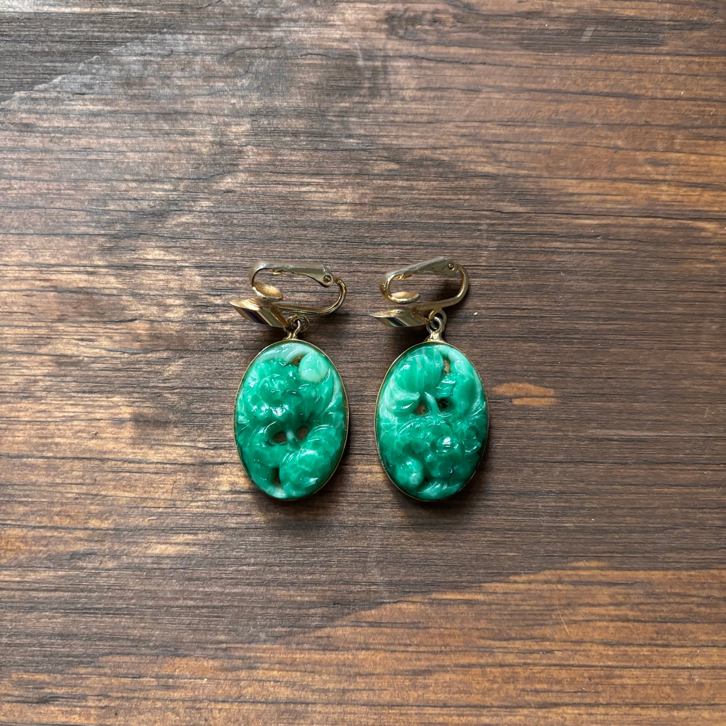 Vintage Carved Green Stone Clip-On Earrings