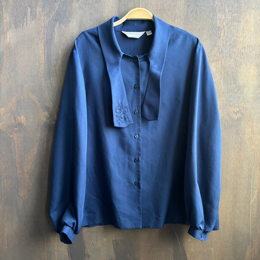 Vintage Navy Blue Blouse with Tie