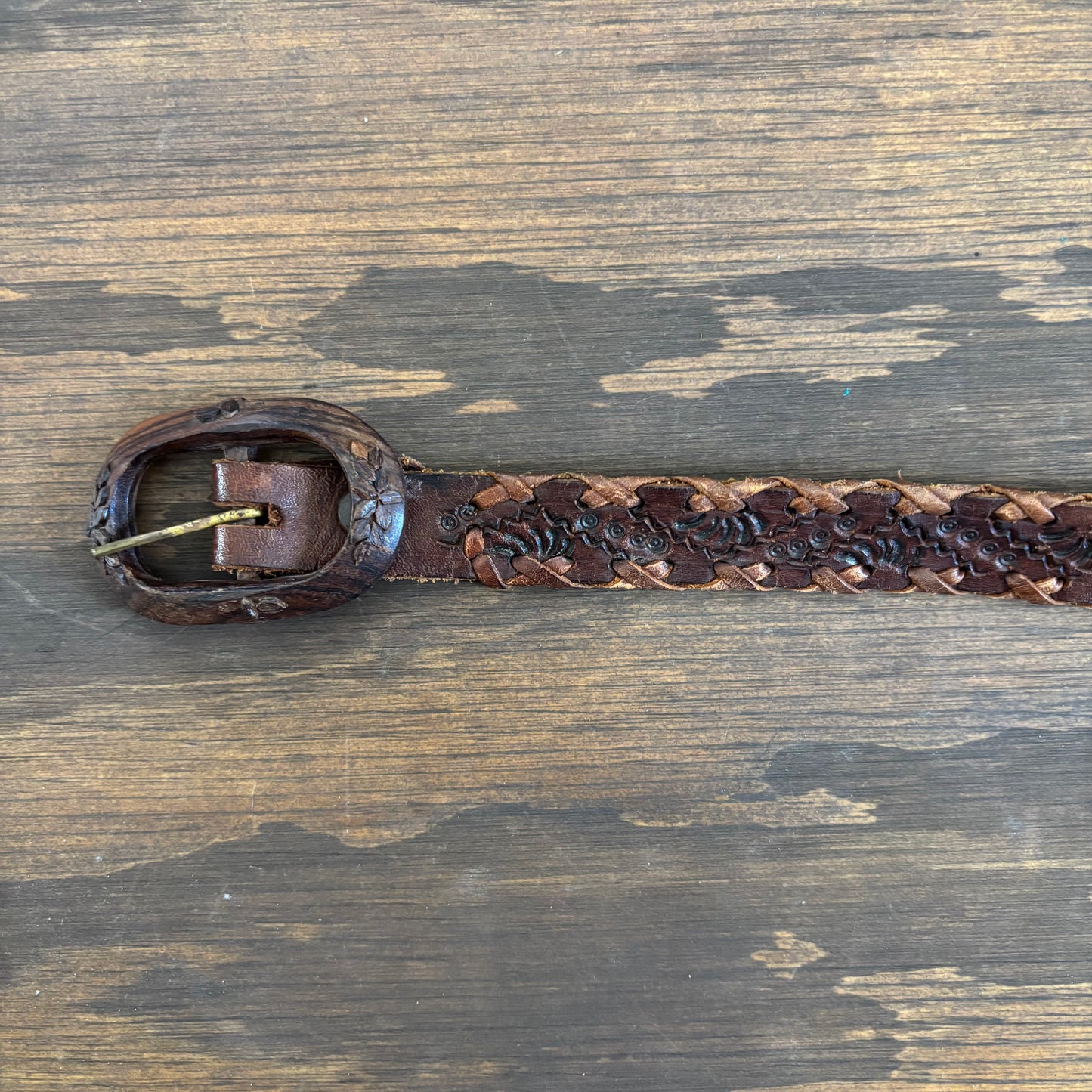 Reversible Brown Leather Belt with Wood Buckle