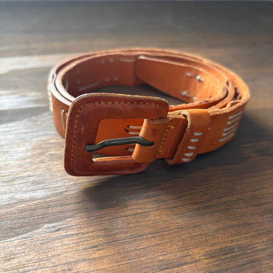 Vintage Tan Leather Belt with Stitching Detail