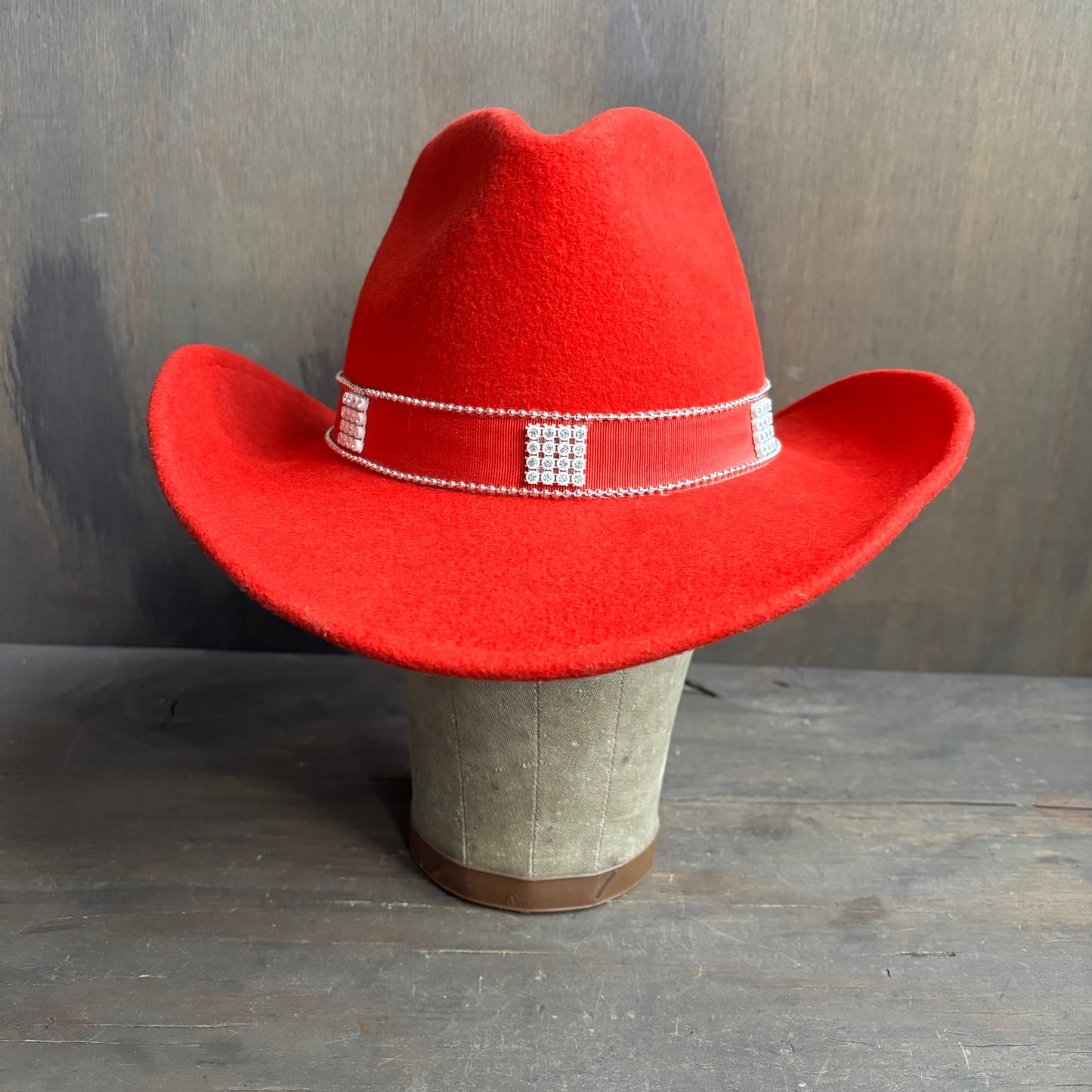Red Wool Hat with Rhinestone Band