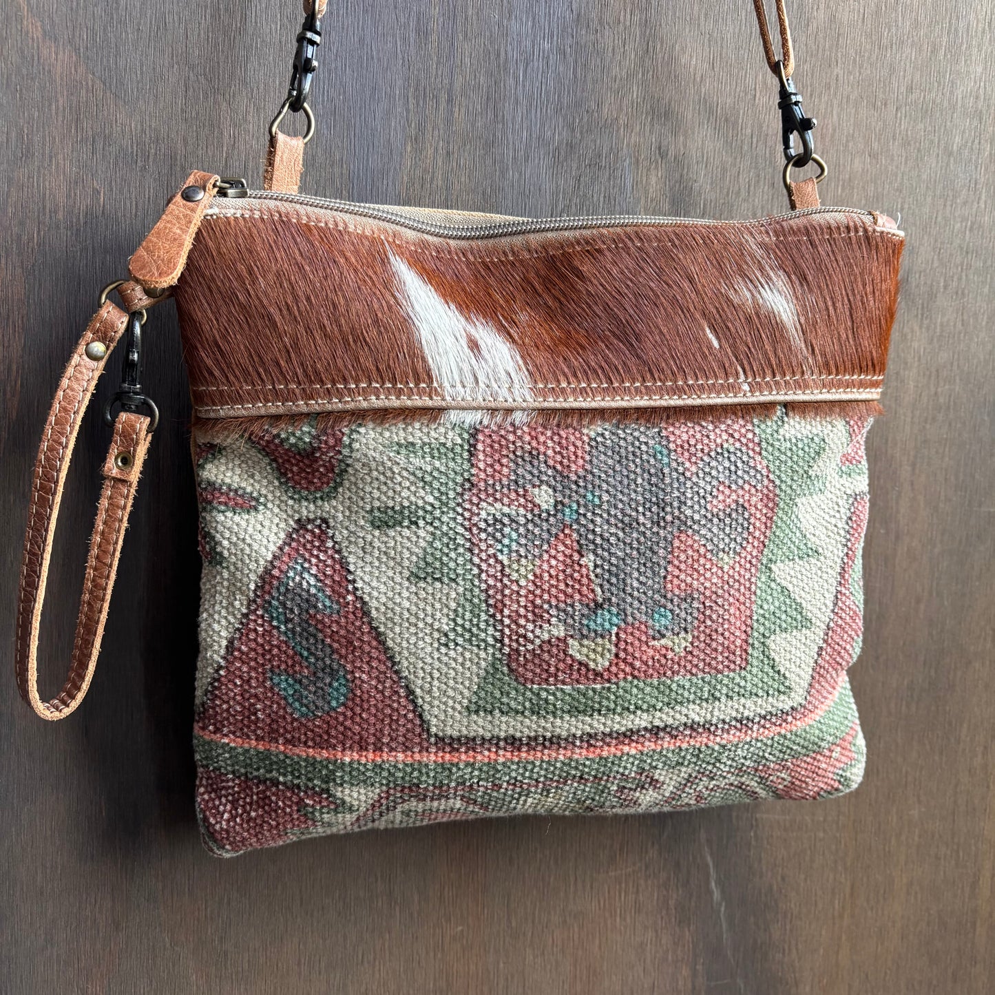 Cowhide Trim Woven Crossbody Bag