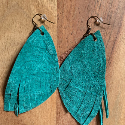 Turquoise & brown leather earrings with metal bead