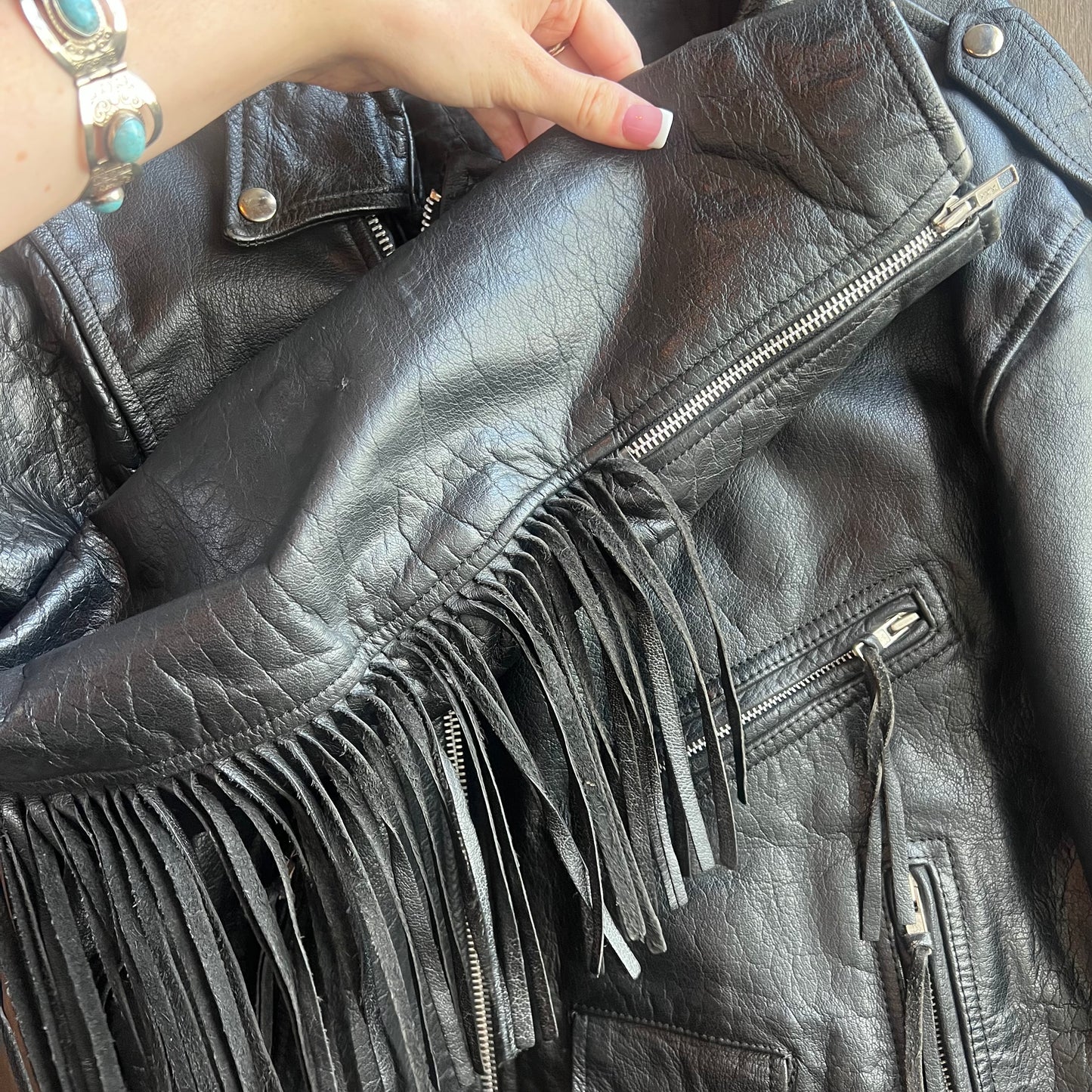 Black Leather Jacket with Silver Buttons and Buckle