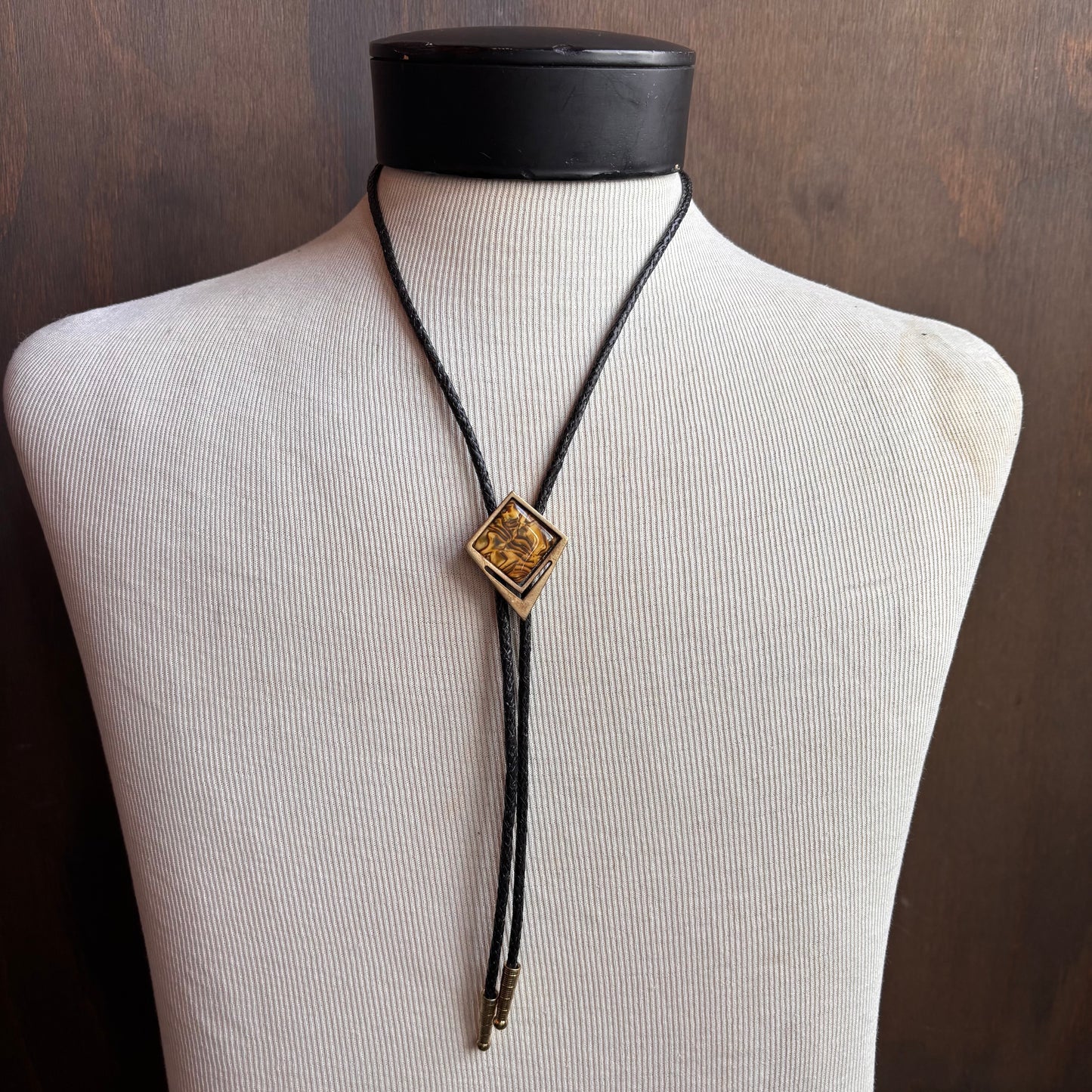 Vintage Faux Tiger Eye Bolo on Black Leather Tie