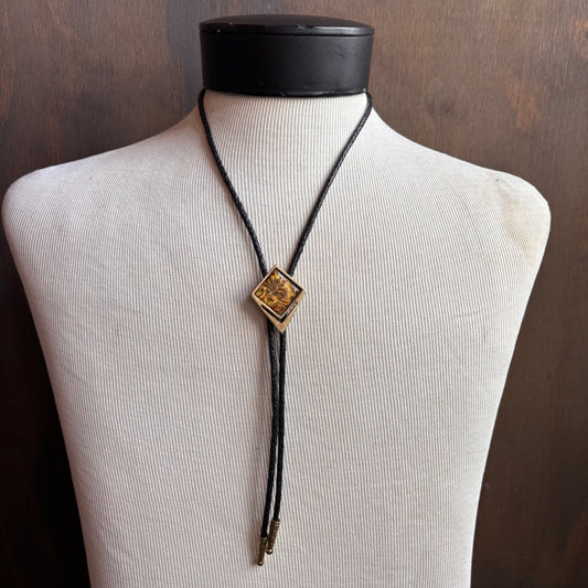 Vintage Faux Tiger Eye Bolo on Black Leather Tie