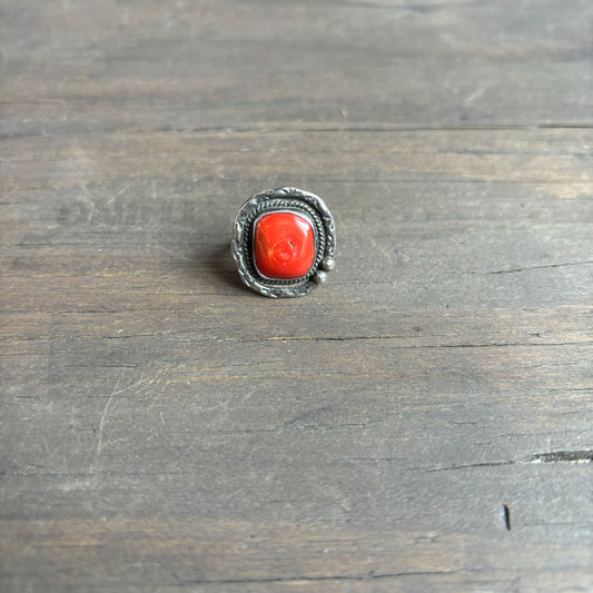 Silver Square Ring with Coral