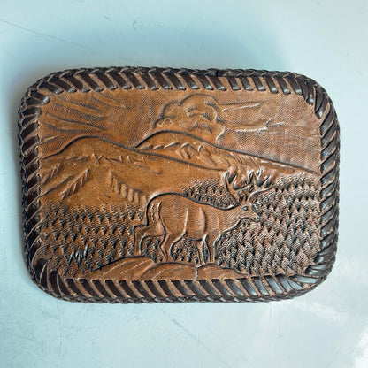 Tooled Leather Belt Buckle with Deer