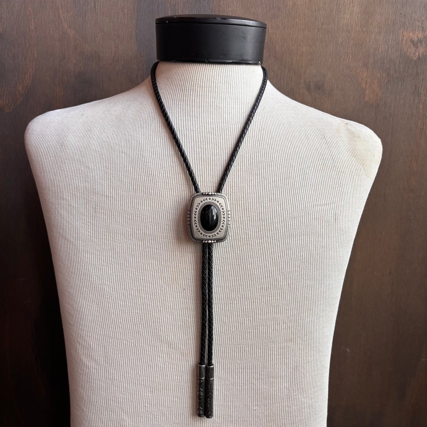 Cody James Black Stone Bolo on Black Leather Tie