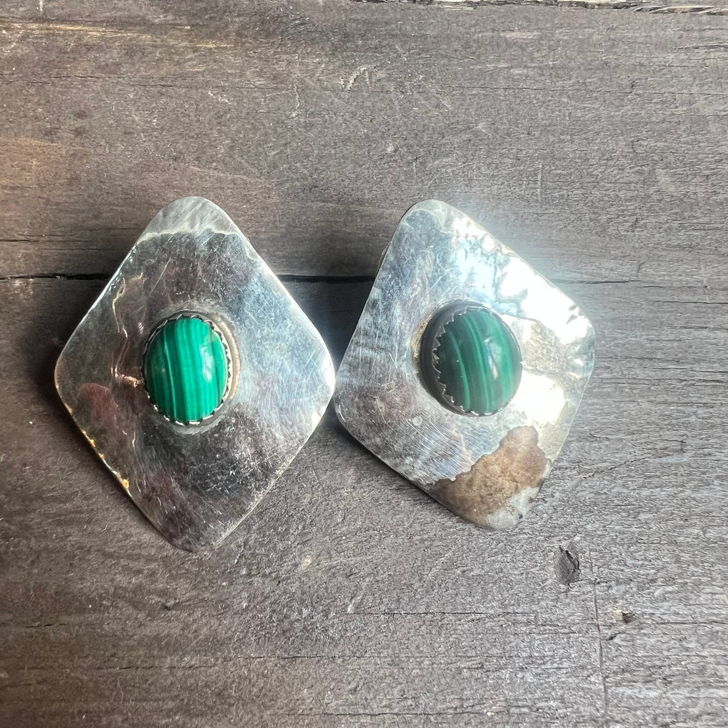 Sterling Silver and Malachite Diamond Shaped Earrings