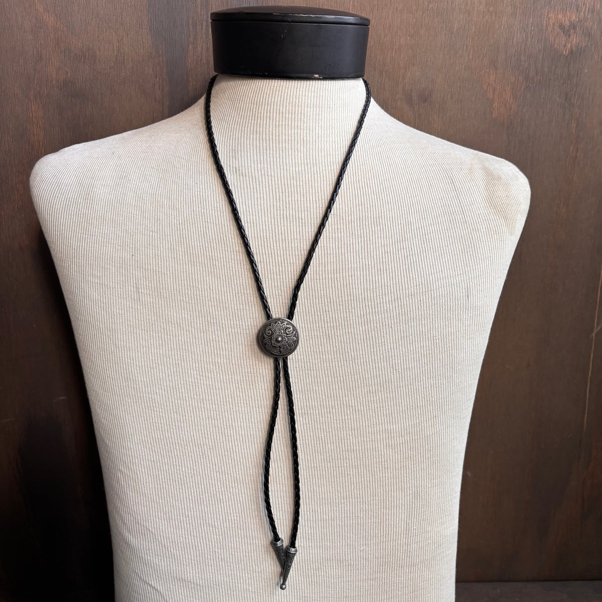 Concho Bolo on Black Leather Tie