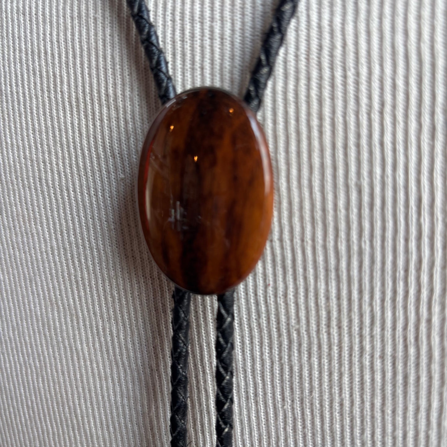 Wood Oval Bolo on Black Leather Tie