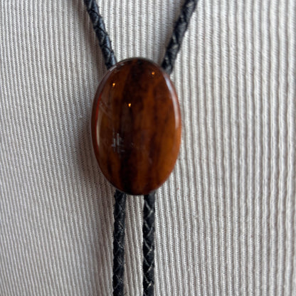 Wood Oval Bolo on Black Leather Tie