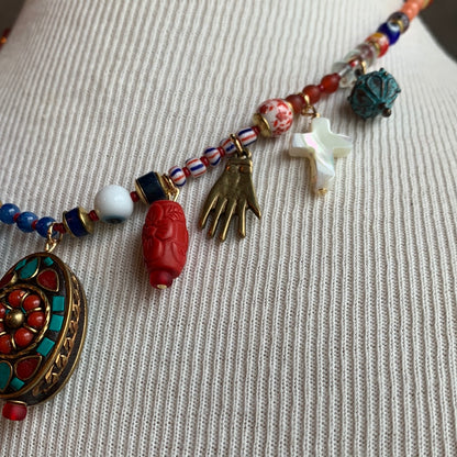Ostrich Moon Multi color beaded charm necklace with brass flower pendant