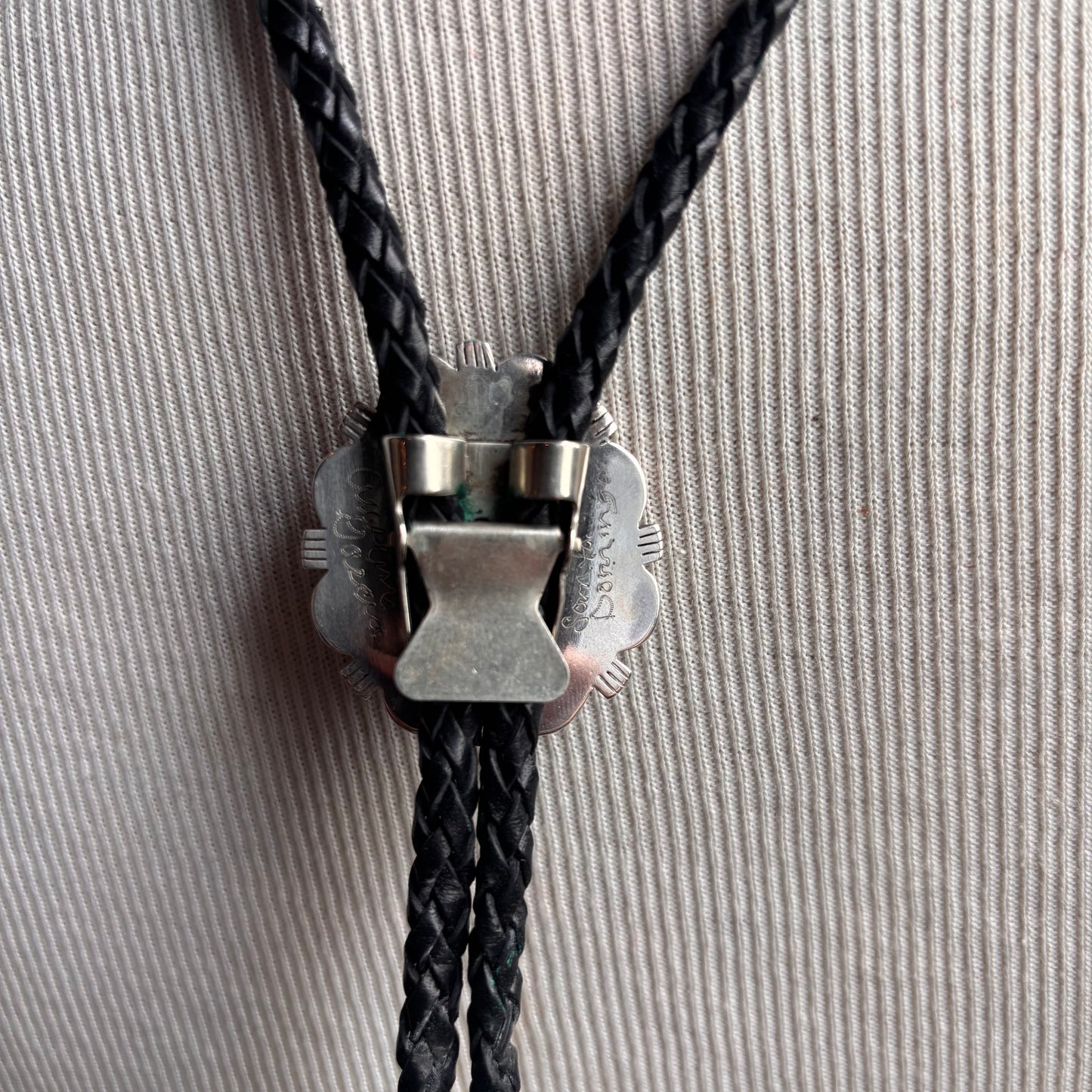 Signed Austin Garcia Turquoise Bolo on Black Leather Tie