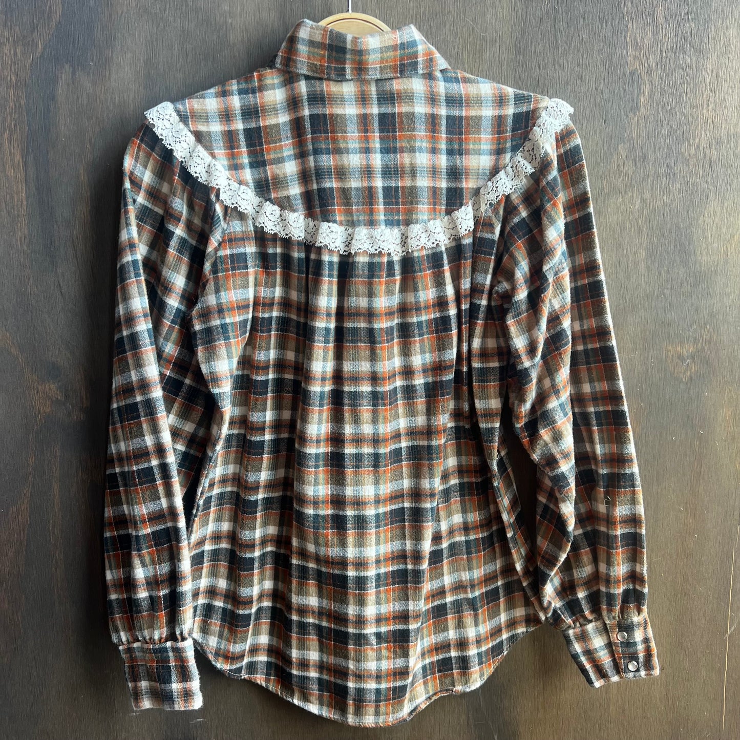 Orange and Blue Plaid Pearl Snap with Lace Trim