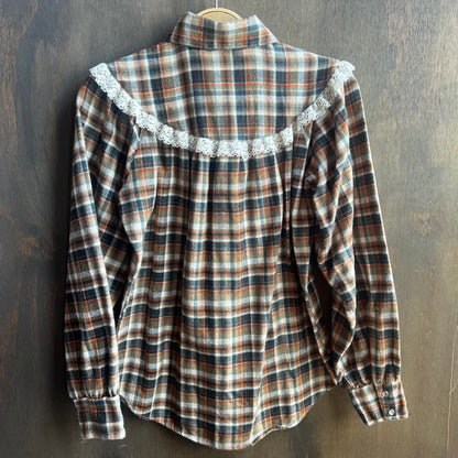 Orange and Blue Plaid Pearl Snap with Lace Trim