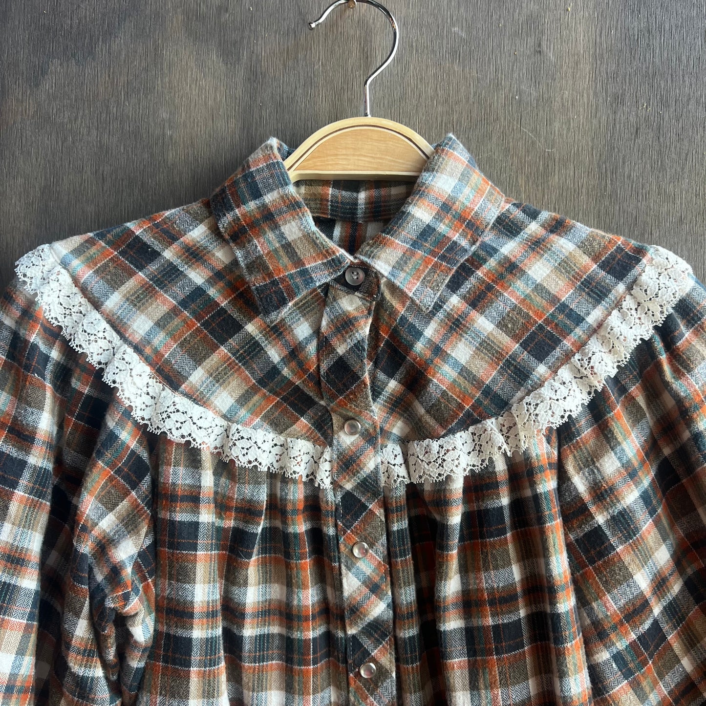 Orange and Blue Plaid Pearl Snap with Lace Trim