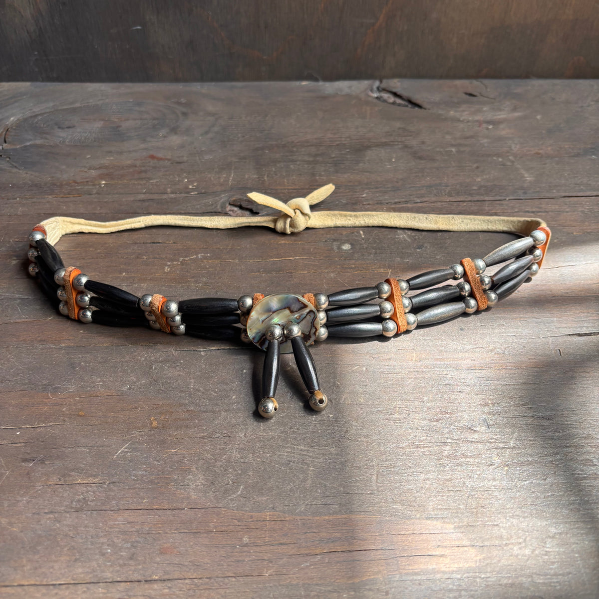 Vintage Beaded Leather Hat Band with Abalone