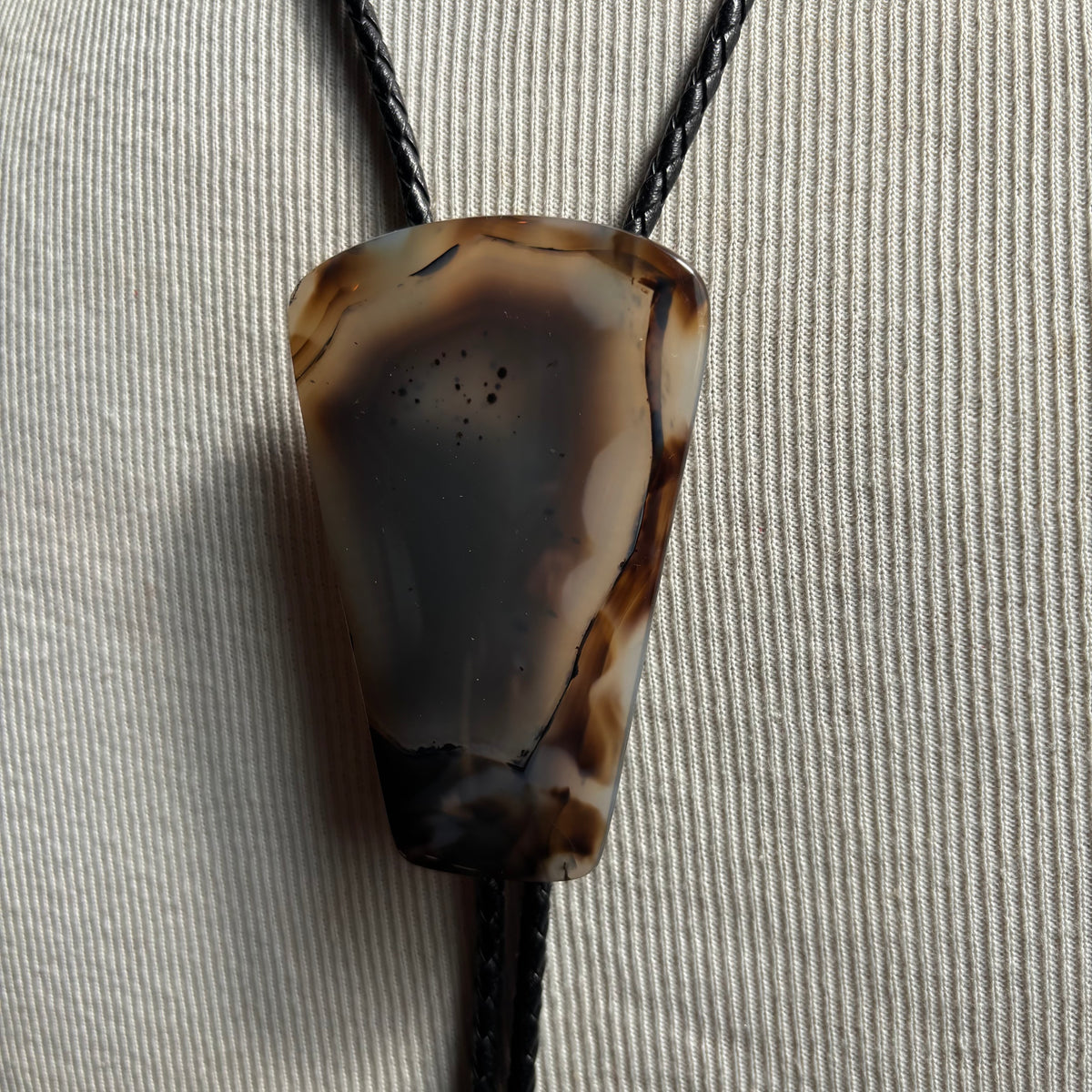 Oversized Stone Bolo on Black Leather Tie