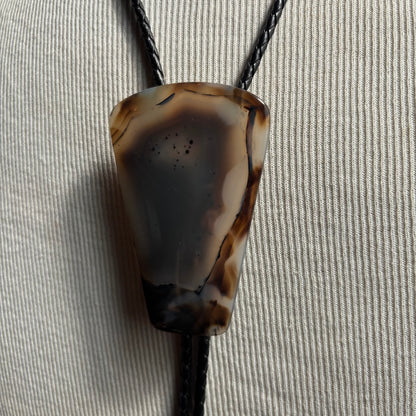 Oversized Stone Bolo on Black Leather Tie
