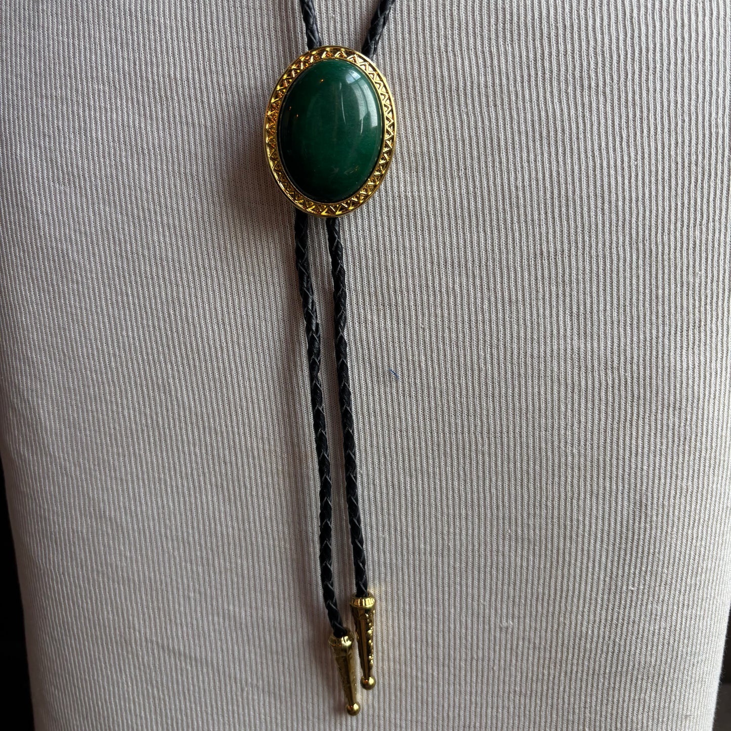 Green Oval Stone Bolo on Black Leather Tie