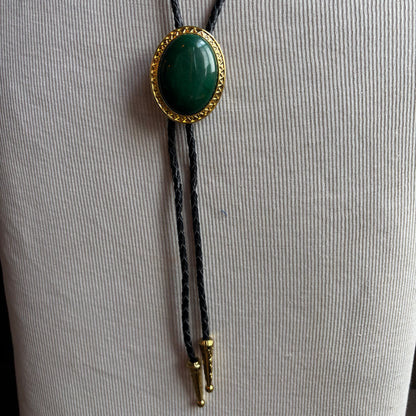 Green Oval Stone Bolo on Black Leather Tie