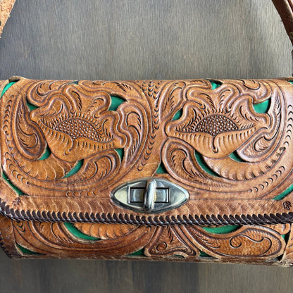 Vintage Tooled Leather Bag with Green Accent