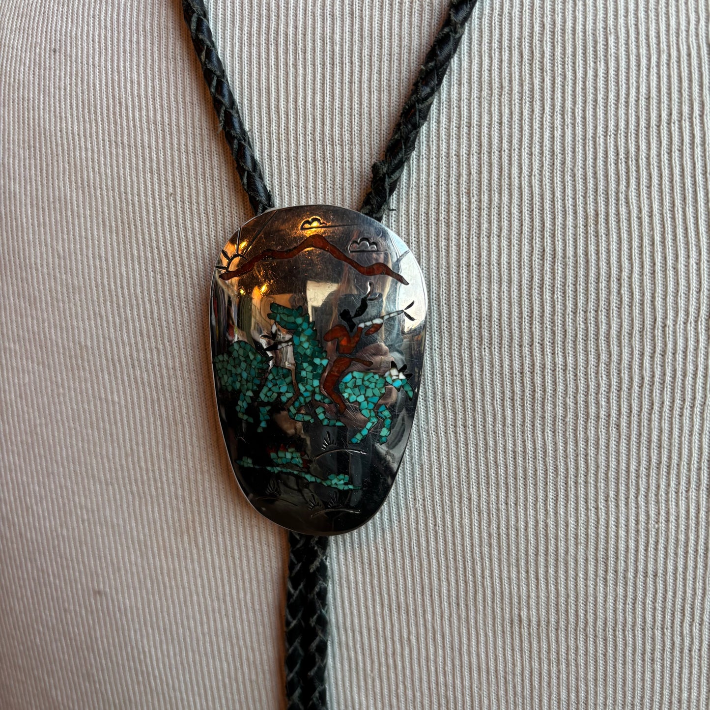 Sterling Turquoise Chip Bolo on Black Leather Tie
