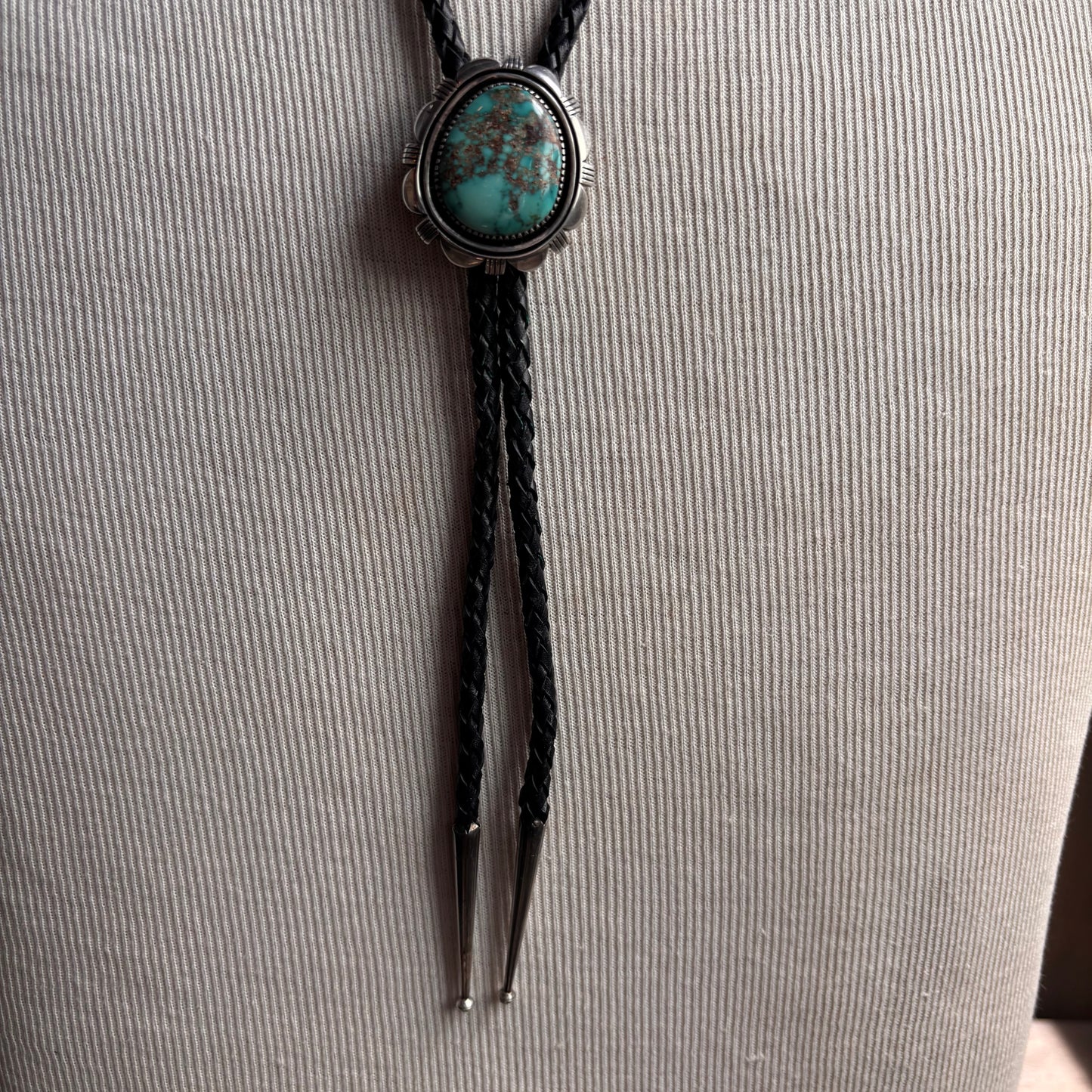Signed Austin Garcia Turquoise Bolo on Black Leather Tie