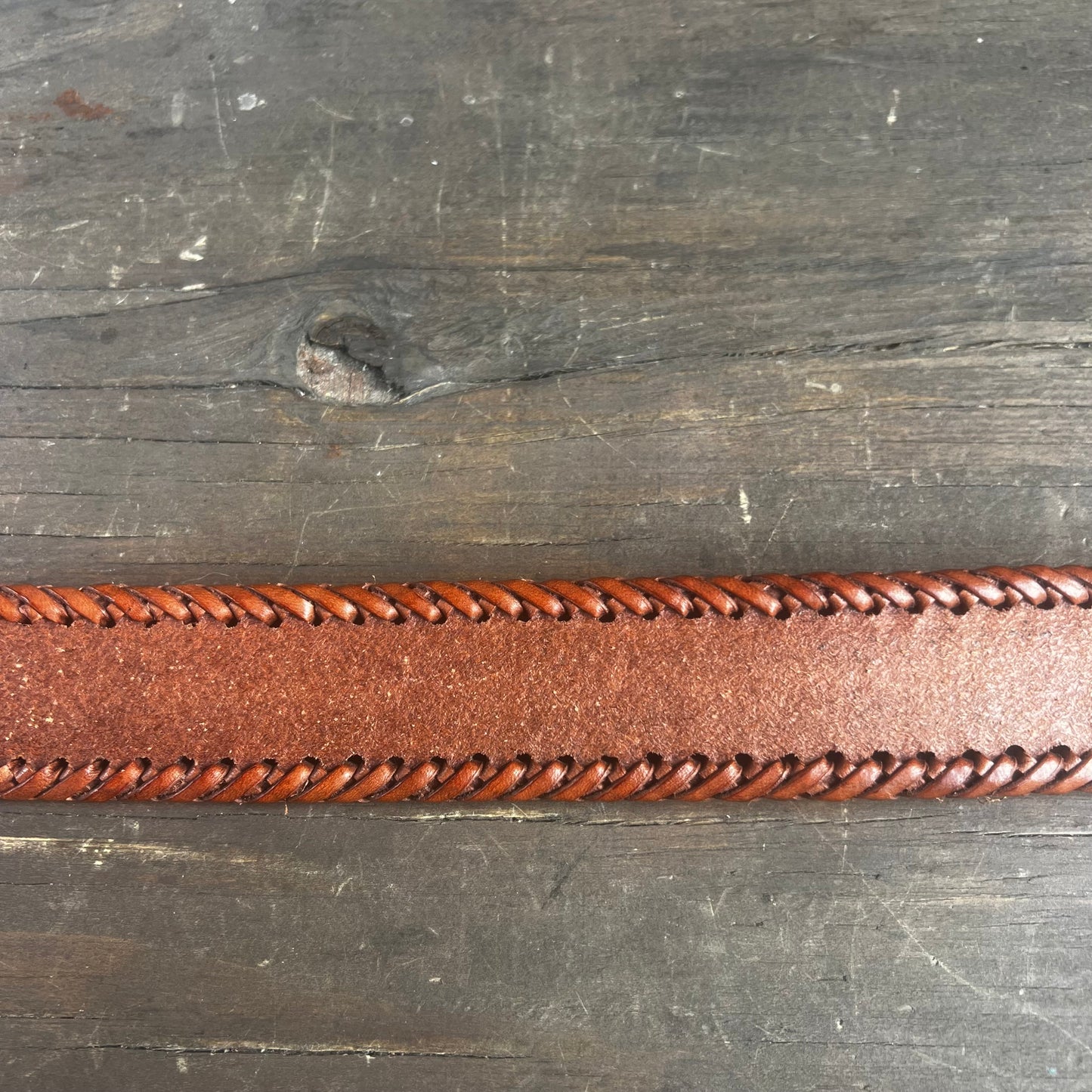 Vintage Brown Leather Belt with Braided Border